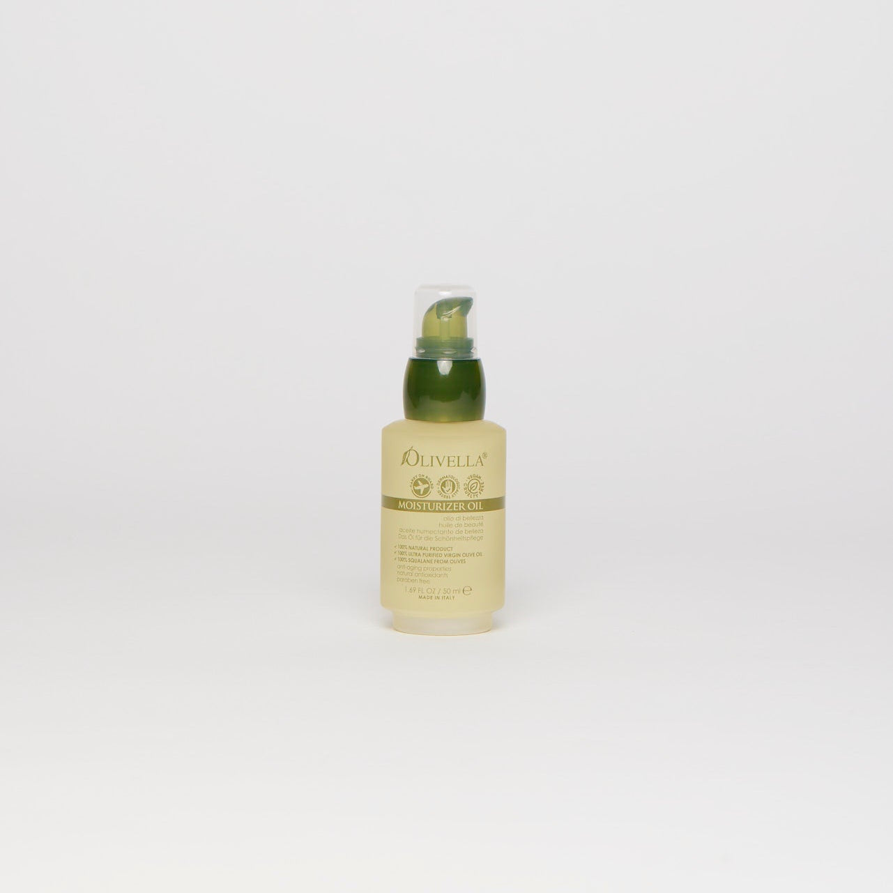 Bottle of Olivella Moisturizer Oil product on a white background