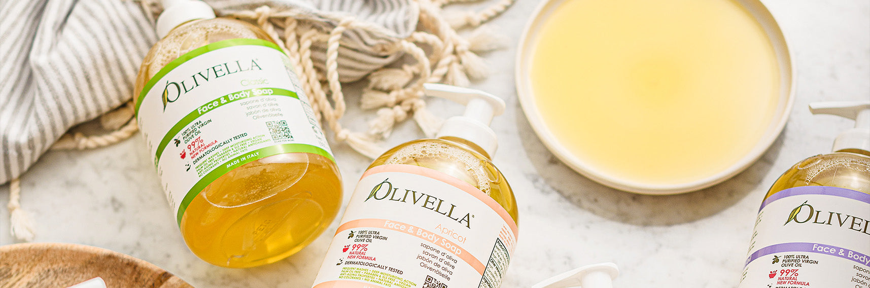 Olivella liquid soaps displayed with clean packaging